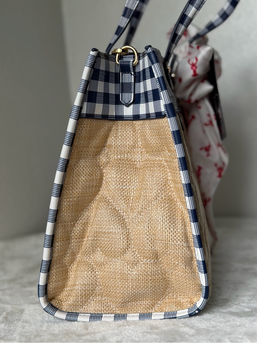Betsey Johnson Navy blue Gingham quilted heart Straw Tote lobster scarf - Picture 10 of 11